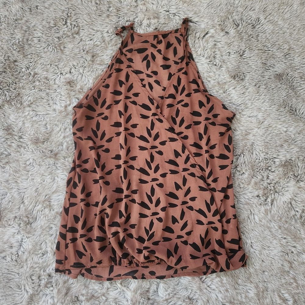 Unbranded Wrap Style Sleeveless Blouse Brown with Black‎ Spotted Pattern Large